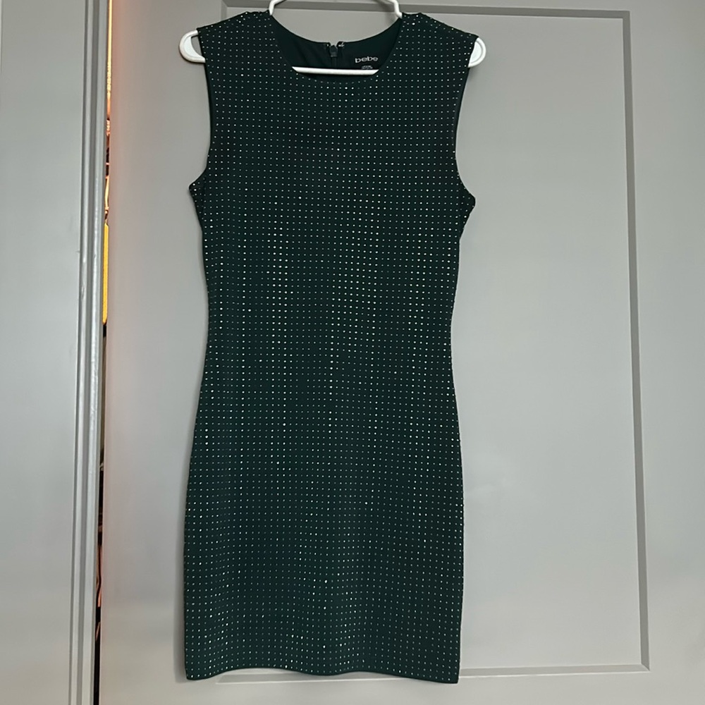 Bebe Bodycon Silver Studded Dark Green Dress